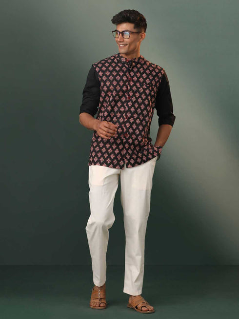 Vastramay Men's Black Floral Printed Cotton Nehru Jacket